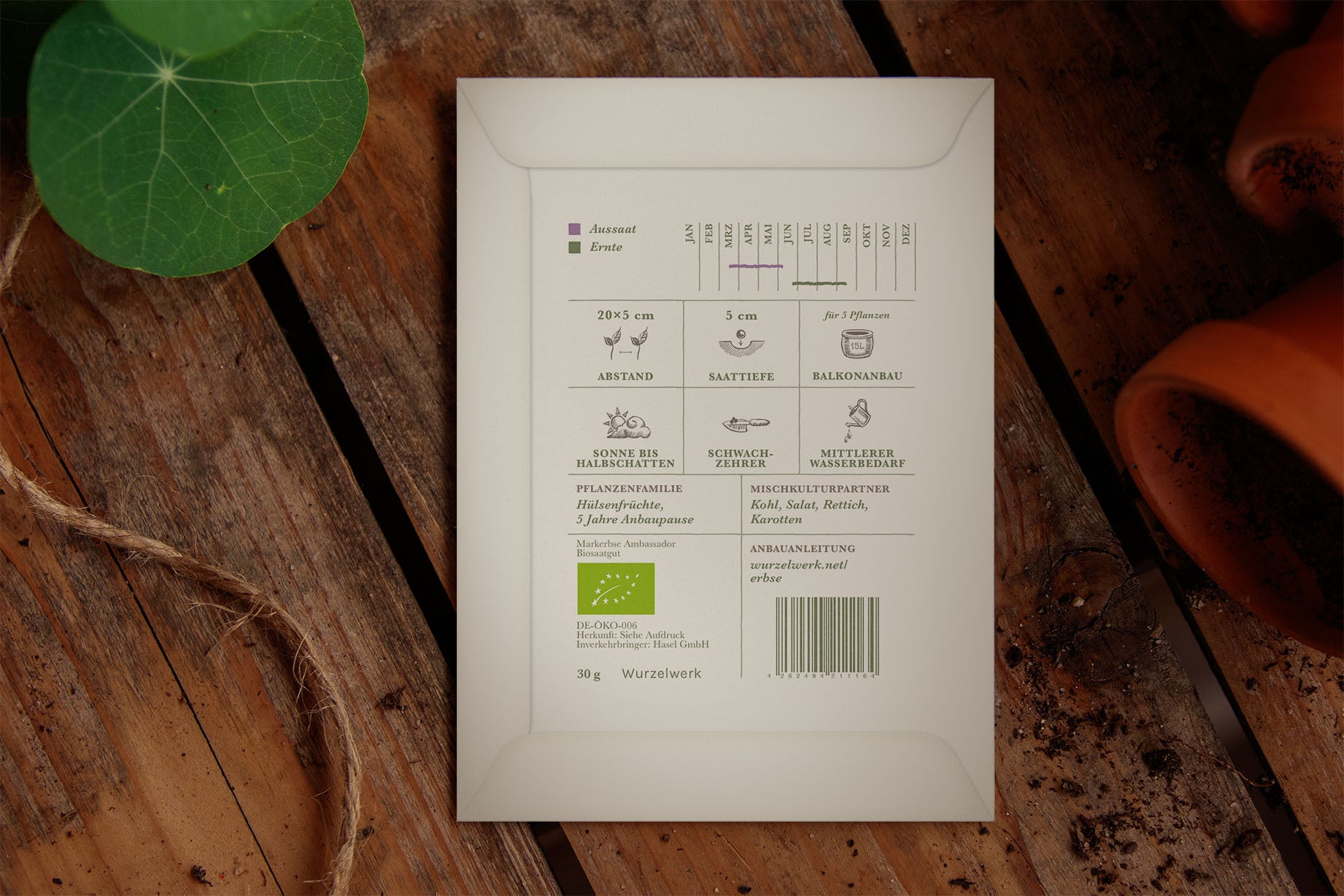 Rückseite Saatguttütchen mit Infors zur Markerbse "Ambassador"