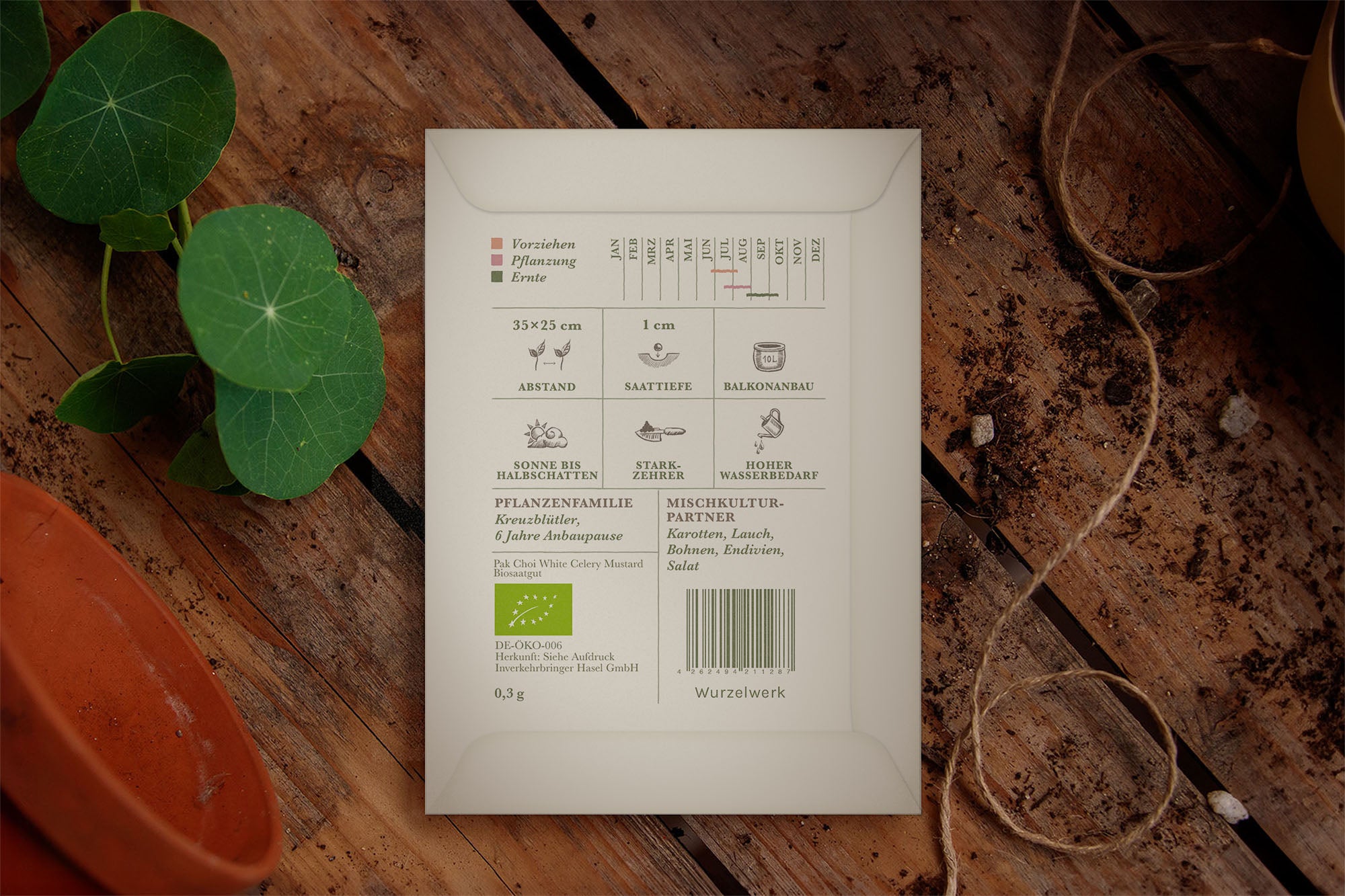 Rückseite mit Infos zum Pak Choi "White Celery Mustard"