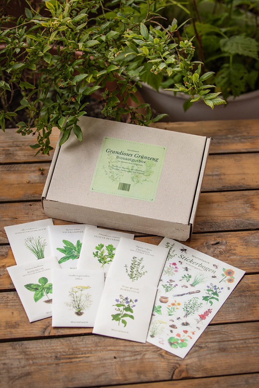 Saatgutbox "Grandioses Grünzeug" mit Saatgut und Stickerbogen