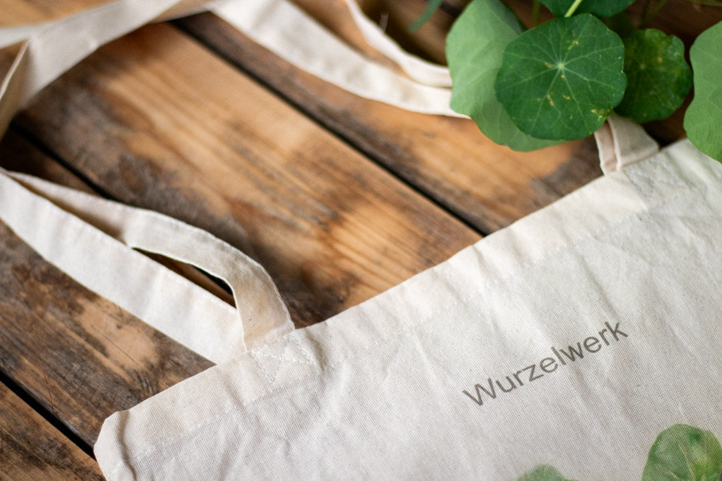 Jutebeutel mit Wurzelwerk-Logo