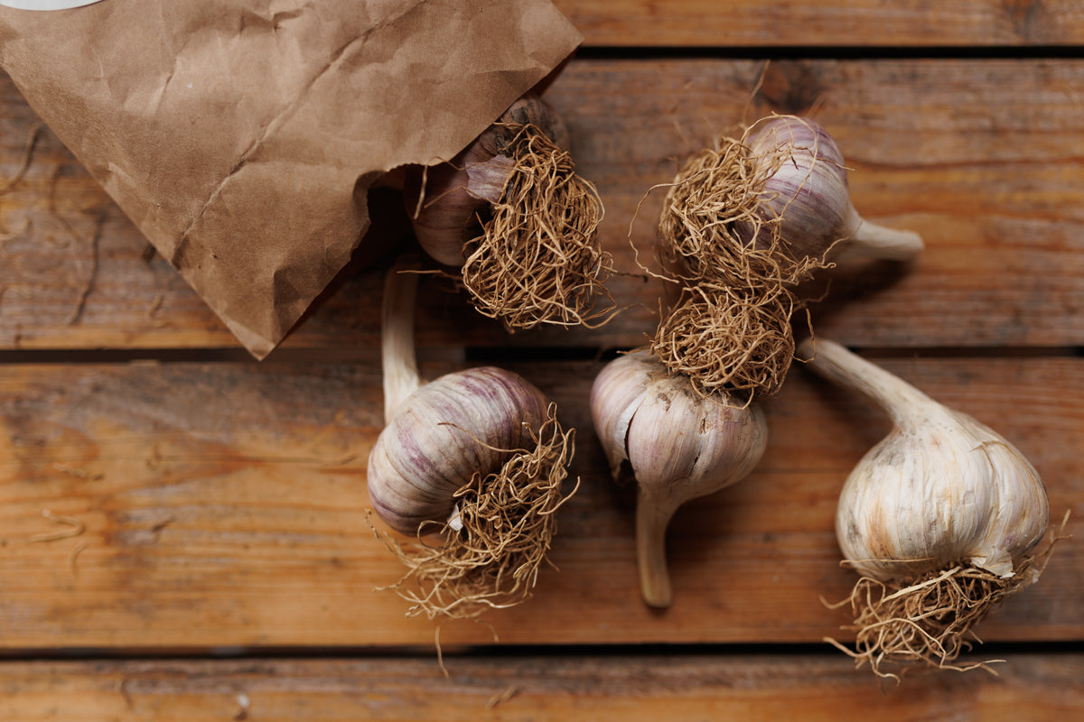 Pflanzenknoblauch auf Holzbrett